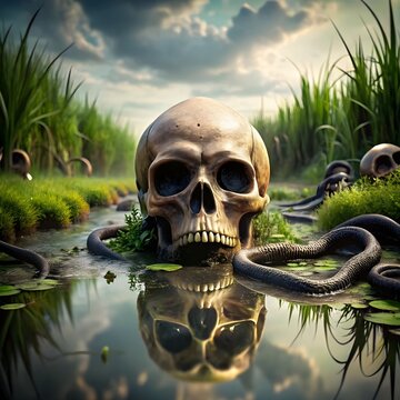 skull in the grass with snakes