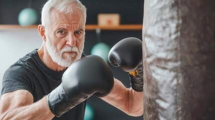Older man practicing boxing with a punching bag in a home gym, senior boxing training, selfdefense