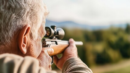 Older man practicing target shooting at a range, precise and steady, senior target shooting, precision sports