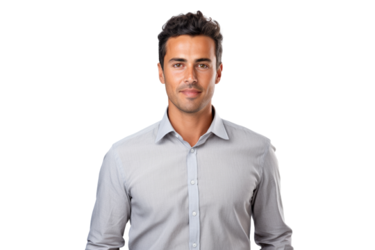 Young male business professional with a friendly demeanor, dressed in a gray shirt, looking directly at the camera. Isolated on white background