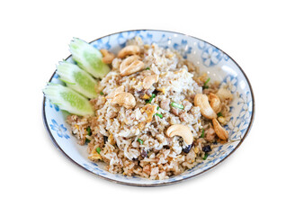 Top view of Chinese Olives Fried Rice topping with Cashew nuts, focus selective