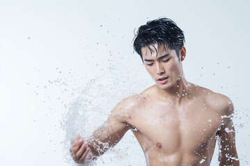 水を浴びるアジア人男性、メンズビューティー