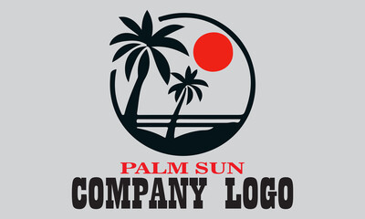 Fototapeta premium Two palm trees overlooking a red sun and beach furniture; ideal for travel brochures, vacation ads, or tropicalthemed designs.
