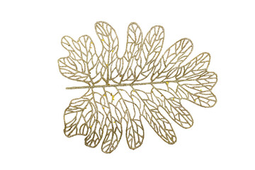 Gold leaf with glitter on isolated background. Minimalistic style. Cut out. Design element. Holiday