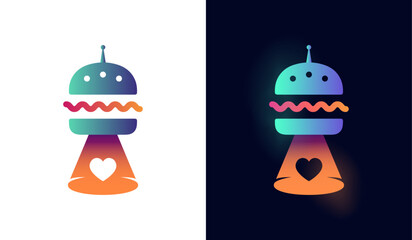 UFO Burger Logo, Creative Alien Spaceship with Heart Beam, Colorful Sci-Fi Restaurant and Food Logo Design