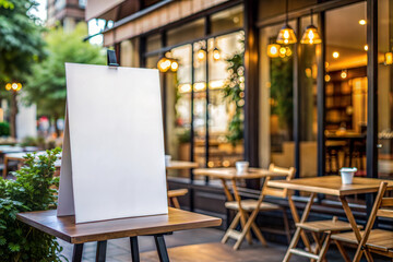 Close-up of White paper poster mockup displayed outside the building restaurant. Marketing and business concept.