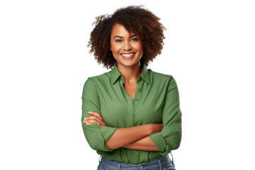 Happy black woman smiling confidently, arms crossed Isolated on white background