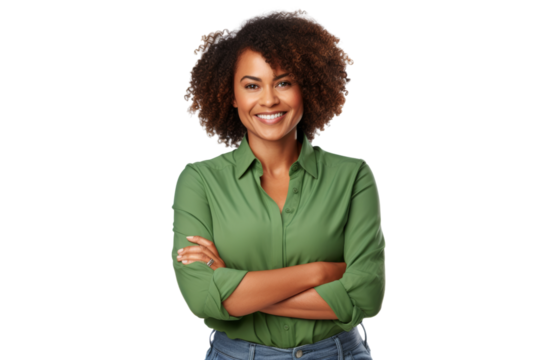 Happy black woman smiling confidently, arms crossed Isolated on white background