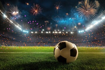 soccer tournament, soccer stadium, celebration feel, fireworks, colorful theme, realistic