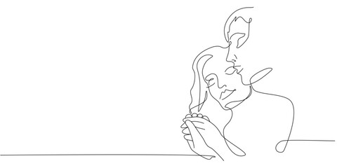 Vector one line art illustration of a lovers. Man and woman in love in oneline art style for Valentines Day card
