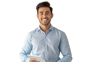 A happy male salesman looking at the camera to welcome a customer. Young executive smiling at camera, businessman offering professional business services holding digital tablet on white background.