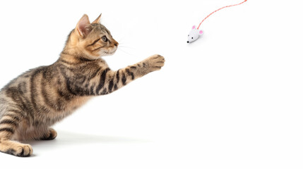 Cat plays with a toy mouse on a white background. Pet supplies shop. Free space for advertising text.