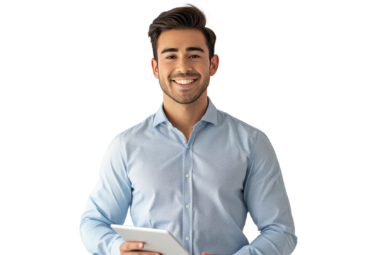 A happy male salesman looking at the camera to welcome a customer. Young executive smiling at camera, businessman offering professional business services holding digital tablet on white background.