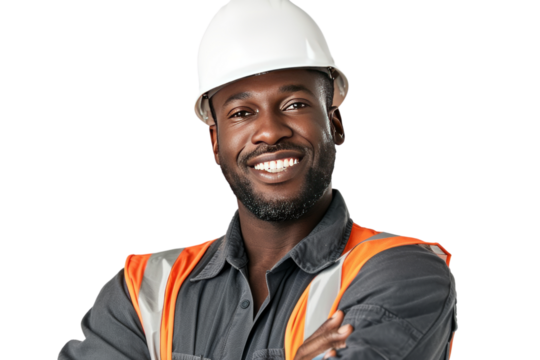 Black engineer smiling at camera Isolated from the white background.