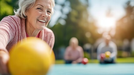 Senior woman playing bocce ball with friends, social and competitive, senior bocce, outdoor leisure