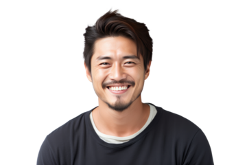 photograph of A smiling Asian man in his 30s Represents happiness and vitality. isolated on a white background.