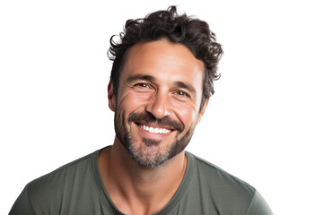 Obraz premium photograph of A smiling man in his 30s Represents happiness and vitality. A bright smile, good mood, looking at the camera, bright light, paying attention to light, color and composition. 