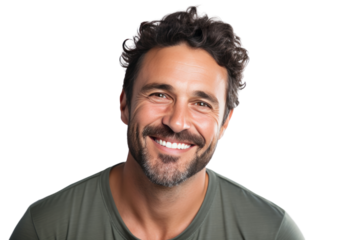 photograph of A smiling man in his 30s Represents happiness and vitality. A bright smile, good mood, looking at the camera, bright light, paying attention to light, color and composition. 