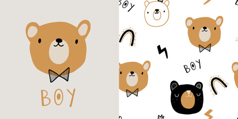 Cute nursery minimalist bear animal seamless pattern for toddler baby newborn apparel, clothes vector print illustration.