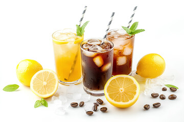 Fototapeta premium A vibrant display of refreshing drinks with lemons and coffee beans, perfect for summer.