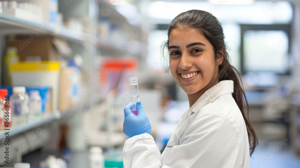 Poster female student with a large pipette in hand, smiling in a spacious laboratory