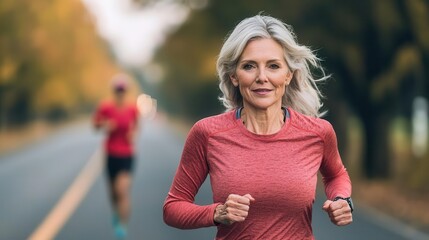 Obraz premium Senior woman running a marathon, determined expression, finish line in sight, senior marathon running, longdistance sports