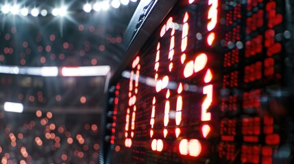 Close-up of digital scoreboard showing high player count in sports event, with cheering fans and sports arena in background, highlighting the excitement and scale of the competition.AI