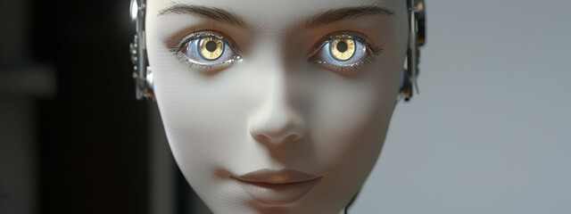 A striking female cyborg with intense eyes gazes forward, blending elegance and advanced technology.