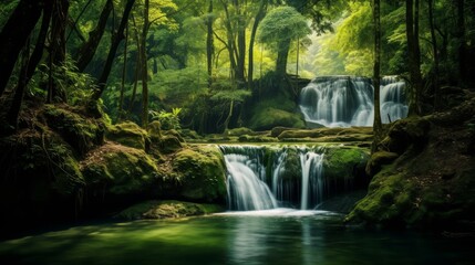 Obraz premium Peaceful waterfall in the deep forest of Thailand with vibrant green surroundings