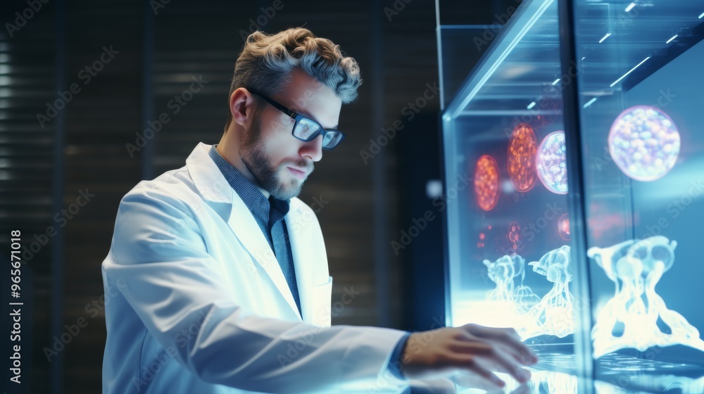 Poster Scientist in lab coat and glasses examining brain scan in research lab with high-tech equipment copy space bright lighting