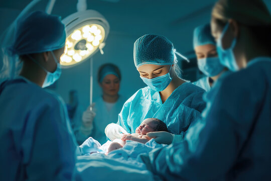 Team of surgeons and nurses are working together, performing a surgical procedure on a newborn baby in a modern operating room