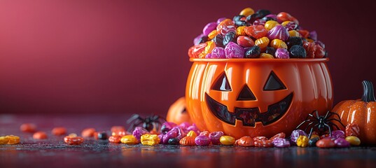 A vibrant orange Halloween bucket overflowing with assorted candies, surrounded by purple and black pumpkins and plastic spiders, perfect for Halloween festivities.