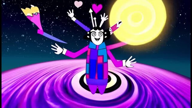 surreal abstract figure character with multiple arms in top of a purple planet sun behind