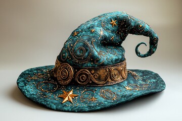 Fototapeta premium A whimsical wizard hat with gold details on a white background, perfect for Halloween parties, spooky decorations, or magical-themed events. With copy space.