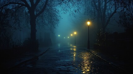 A foggy urban street at night evokes a spooky atmosphere perfect for Halloween decor, eerie storytelling, or themed events. Ideal for invitations and backgrounds.