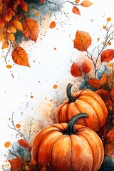 Naklejka premium Warm watercolor illustration featuring pumpkins and autumn leaves, perfect for Halloween invitations or decor, with copy space for personalized messages.
