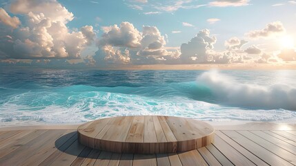 Beach podium summer background sand product 3D sea display platform. Beach podium summer banner stand scene sale sky holiday vacation stage water island sun travel pedestal promotion presentation 