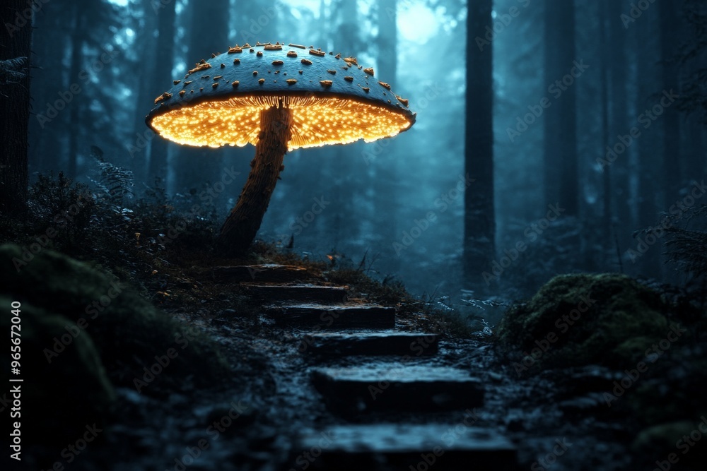 Poster an enormous glowing mushroom lights up a dark forest path, creating a mystical and enchanting atmosp