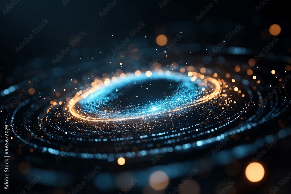 Poster abstract representation of glowing particles forming a dynamic and mesmerizing space vortex, symboli