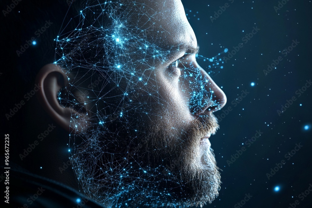 Poster digital art showing a part of human head surrounded by an intricate network, symbolizing interconnec