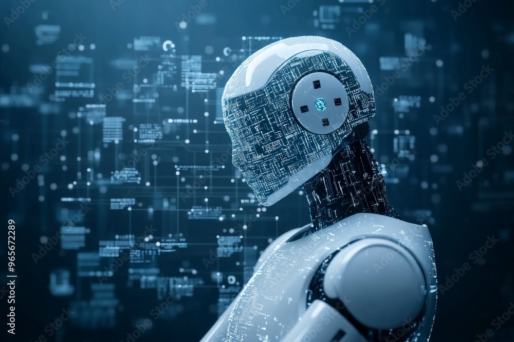 Poster a futuristic robotic entity is depicted with streams of digital data in the background, representing