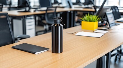 A sleek and stylish black metal water bottle rests on a wooden desk beside a computer, ideal for showcasing your logo or promotional message in a modern office environment