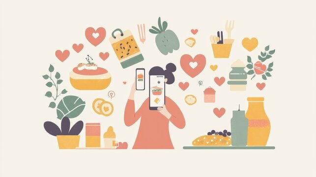 Woman holding smartphone with food photography getting likes on social network