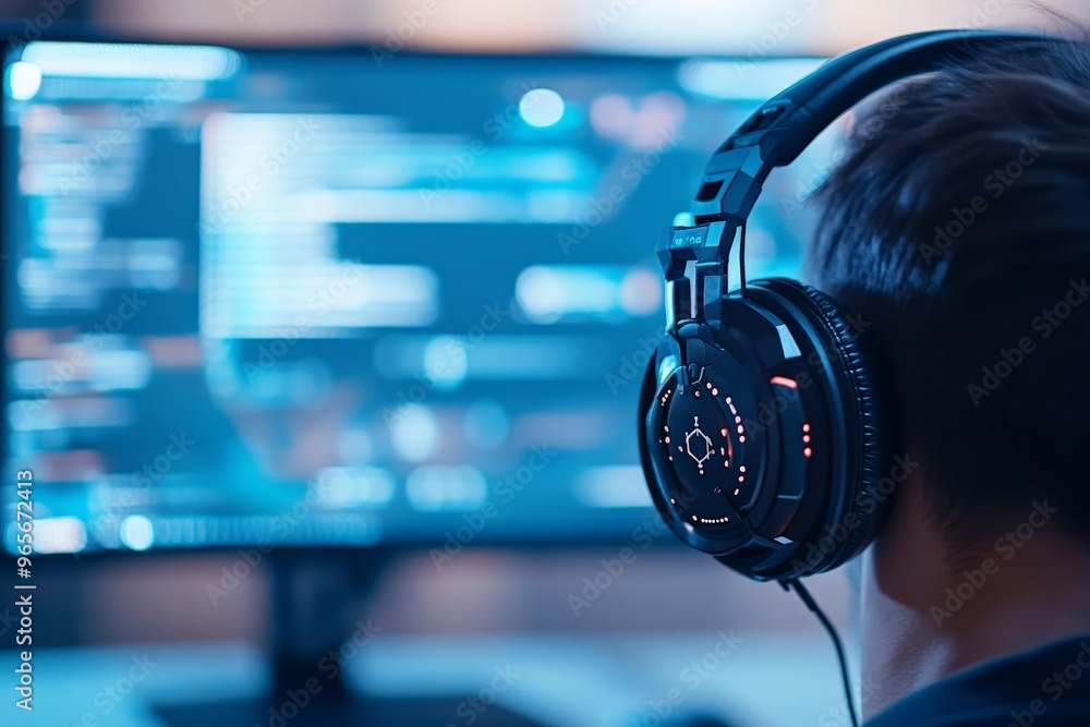 Poster image focuses on a person wearing headphones, deeply engrossed in computer work with programming cod