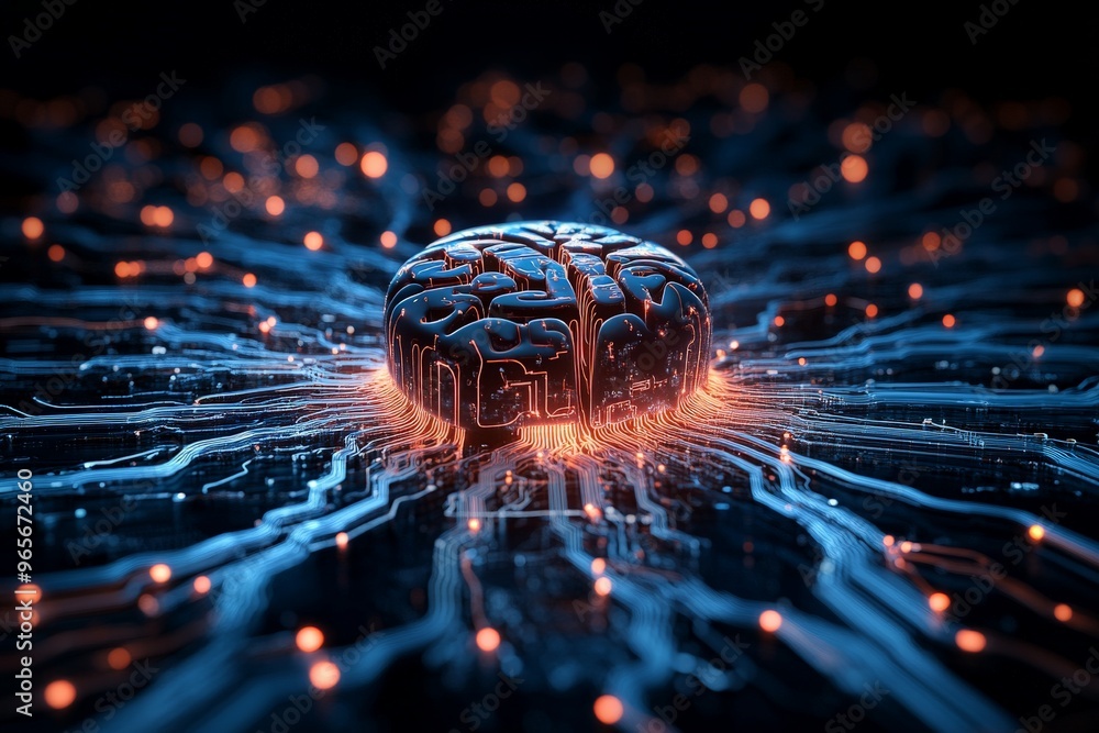 Poster a visual representation of a futuristic brain interconnected by glowing neural pathways, signifying 