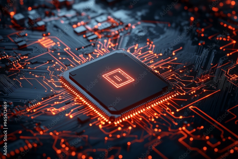 Poster a detailed close-up of a microchip illuminated with glowing red lights, representing the intricacies