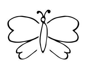 Hand drawn simple vector illustration with black outline. Butterfly, garden insects, summer nature. Sketch in ink.