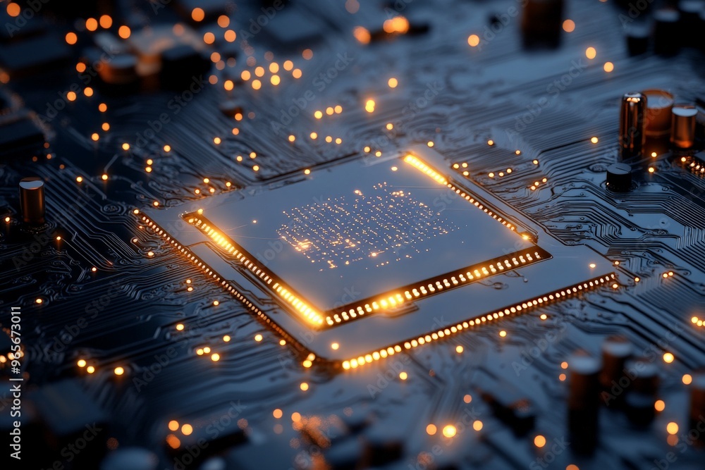 Poster highly detailed view of a microchip seated on a circuit board, with numerous glowing lights around, 