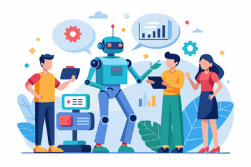 A group of people are gathered around a robot in the image