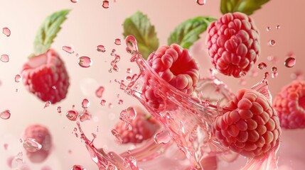 Fresh raspberry fruit with water splash